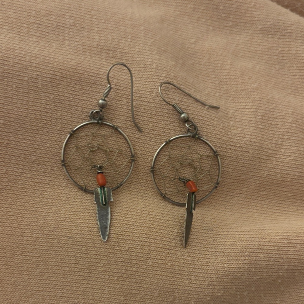 Dreamcatcher Dangle Earrings with Red and Silver Accents